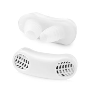 Anti-snoring nasal device with twin nostril inserts and ergonomic curve