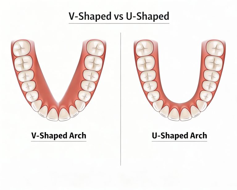 Comparison of V-shaped and U-shaped dental arches, showing narrow vs rounded tooth alignment.