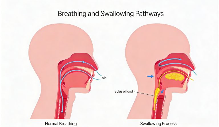 Diagram comparing normal breathing and swallowing pathways, showing airflow through the trachea versus food movement into the esophagus.